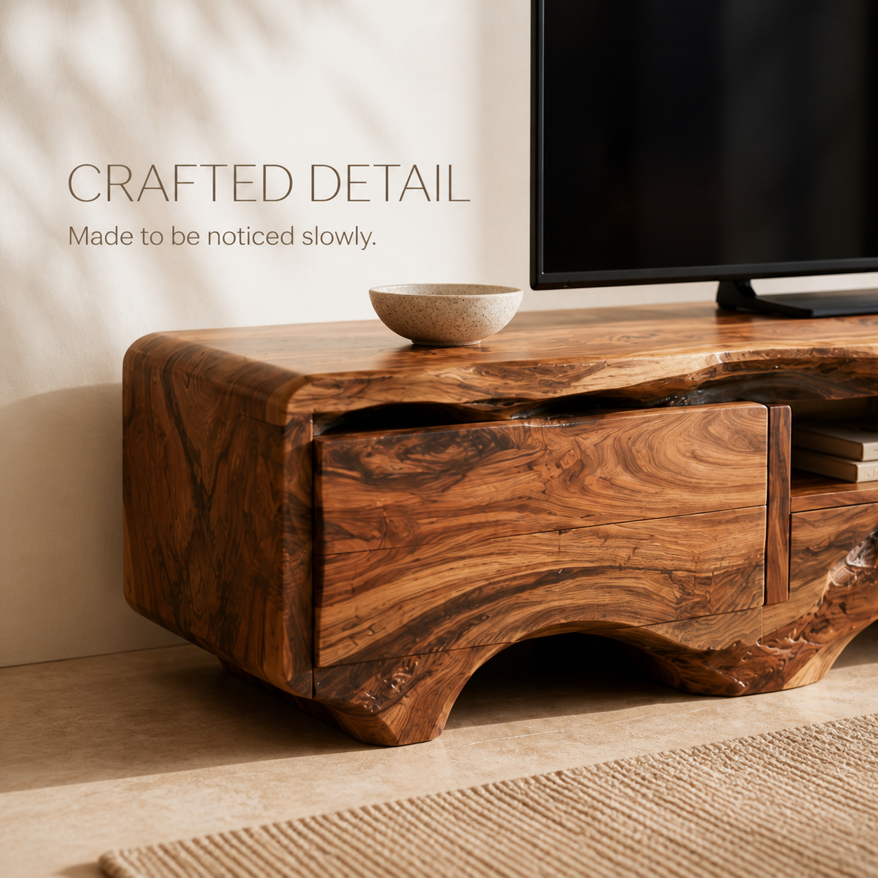 Arlen Sculptural Solid Wood TV Stand - Design 055 - TV stand detail and styling view 05