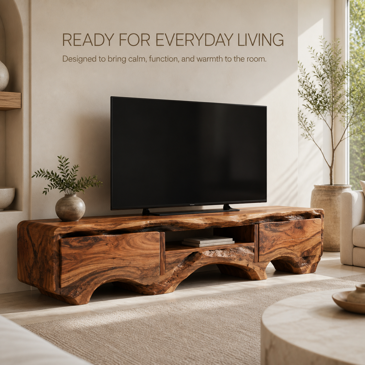 Arlen Sculptural Solid Wood TV Stand - Design 055 - TV stand detail and styling view 06