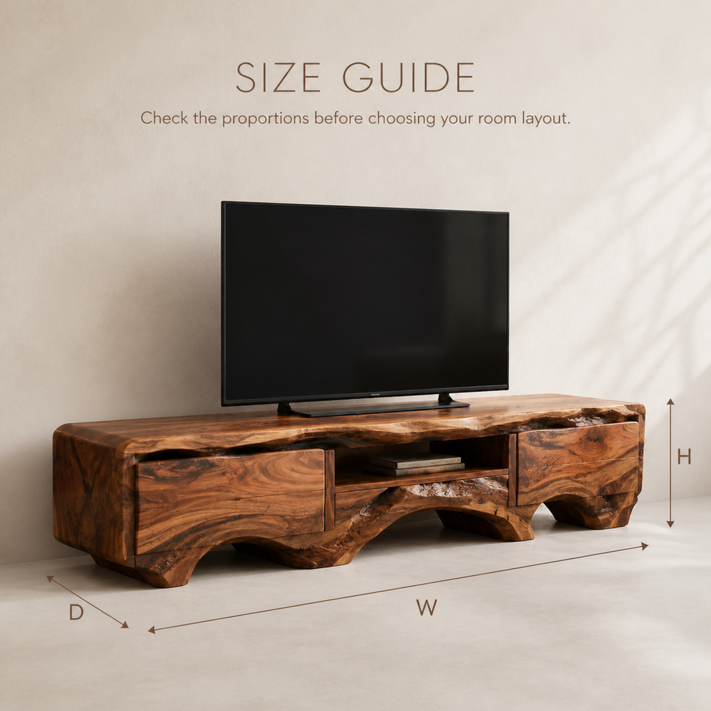 Arlen Sculptural Solid Wood TV Stand - Design 055 - TV stand detail and styling view 07