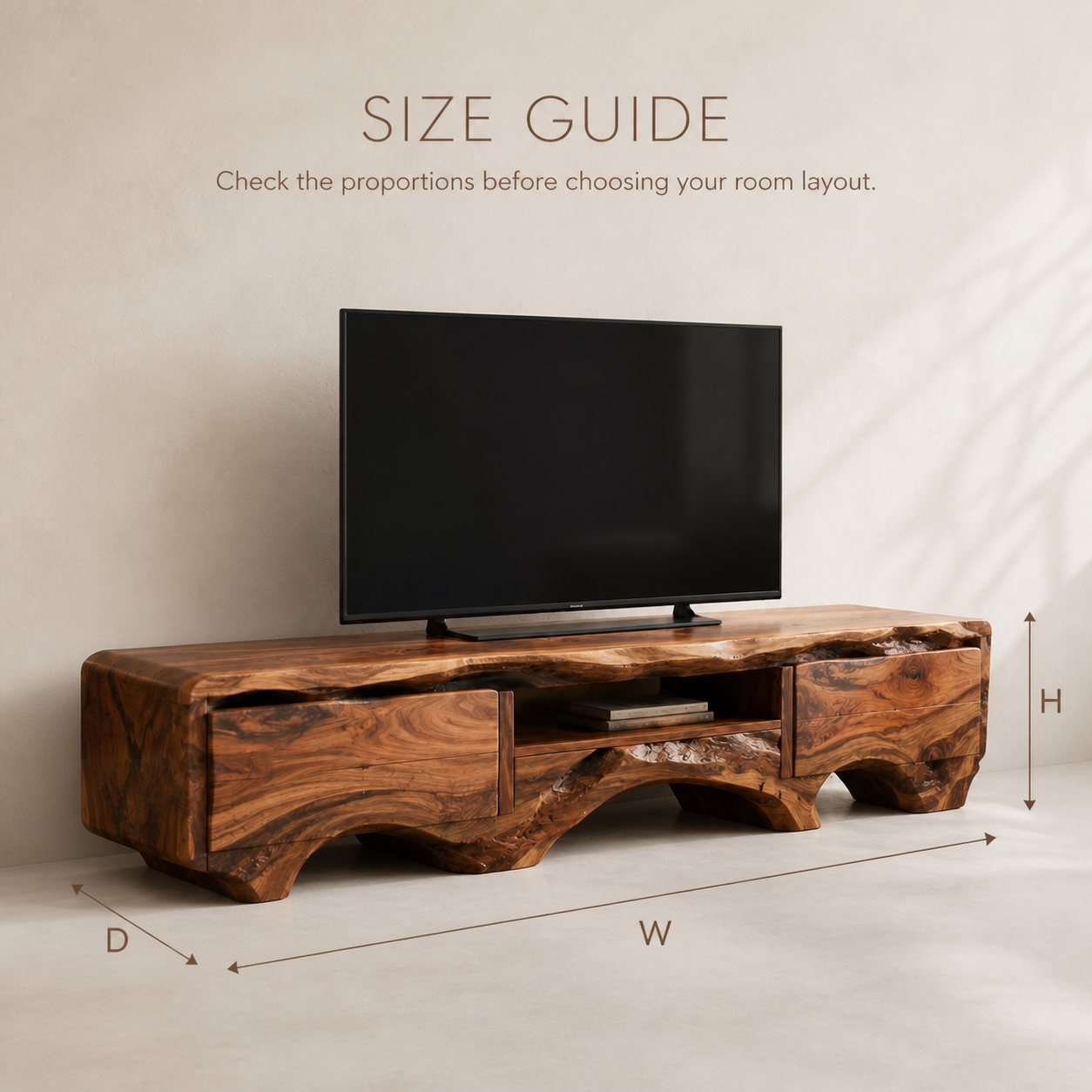 Arlen Sculptural Solid Wood TV Stand - Design 055 - TV stand detail and styling view 07