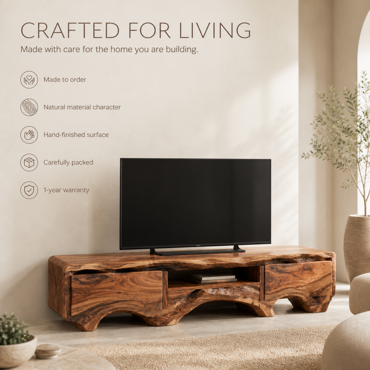 Arlen Sculptural Solid Wood TV Stand - Design 055 - TV stand detail and styling view 08