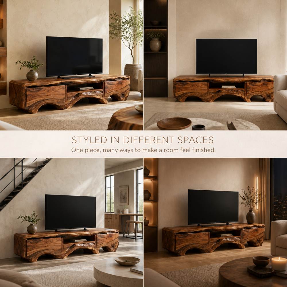 Arlen Sculptural Solid Wood TV Stand - Design 055 - TV stand detail and styling view 09