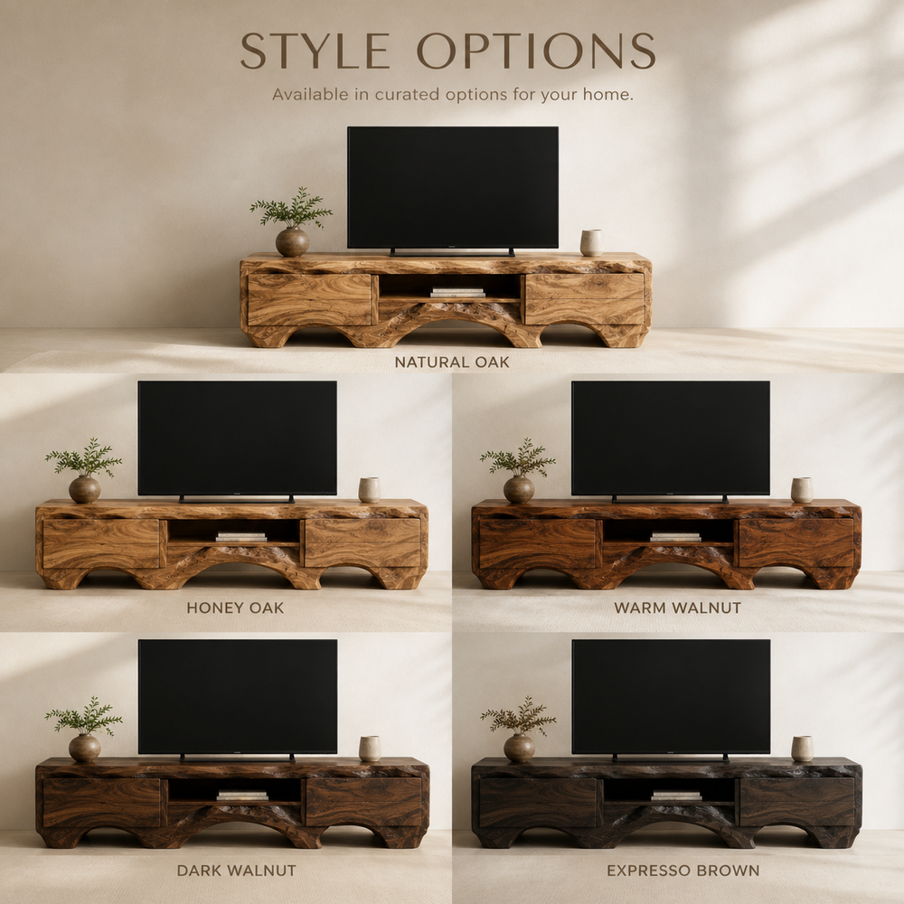 Arlen Sculptural Solid Wood TV Stand - Design 055 - TV stand detail and styling view 10