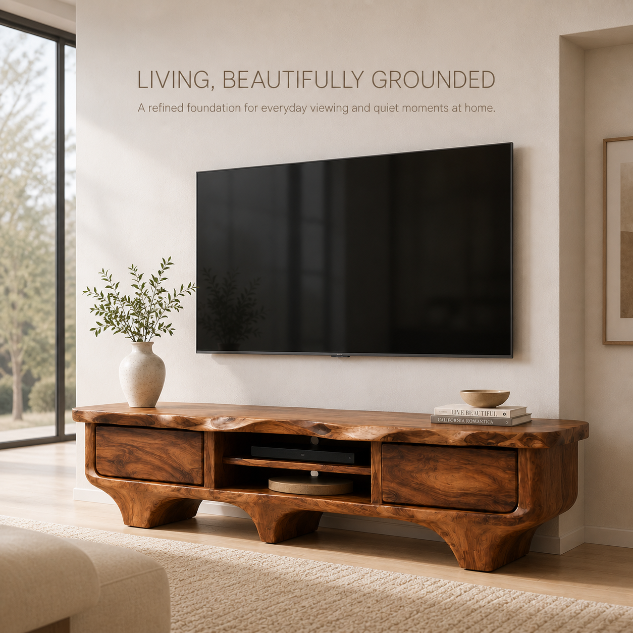 Elowen Sculptural Solid Wood TV Stand - Design 056 - TV stand detail and styling view 01
