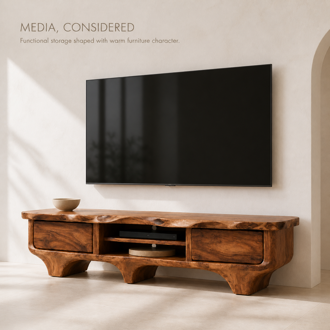 Elowen Sculptural Solid Wood TV Stand - Design 056 - TV stand detail and styling view 02