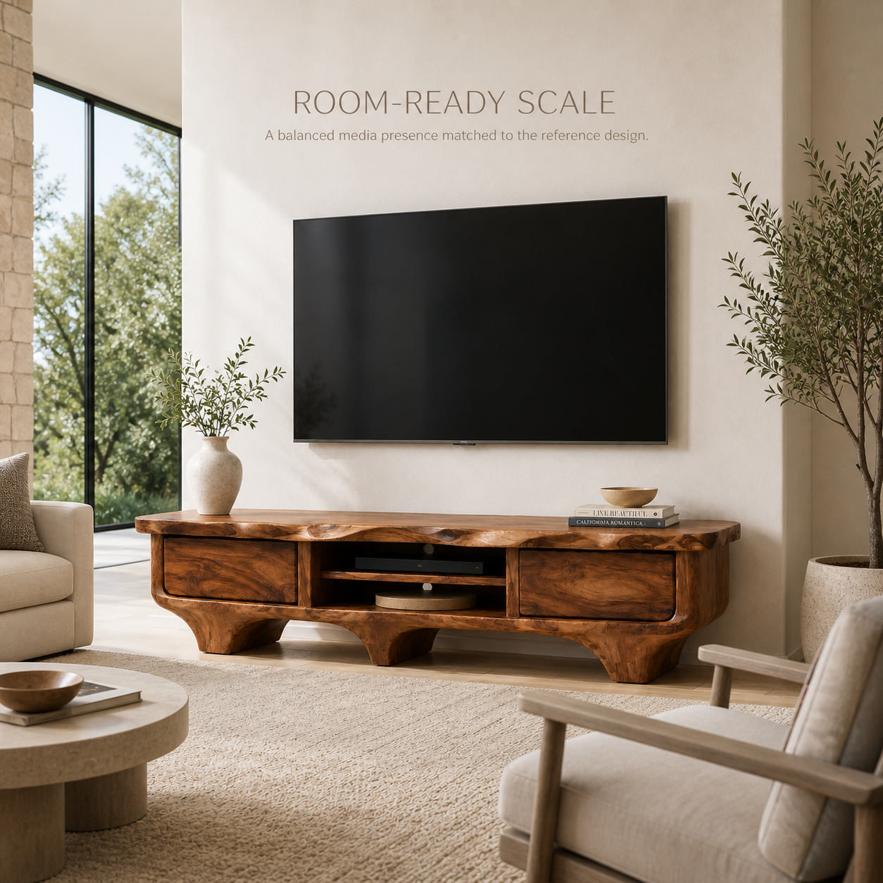 Elowen Sculptural Solid Wood TV Stand - Design 056 - TV stand detail and styling view 03