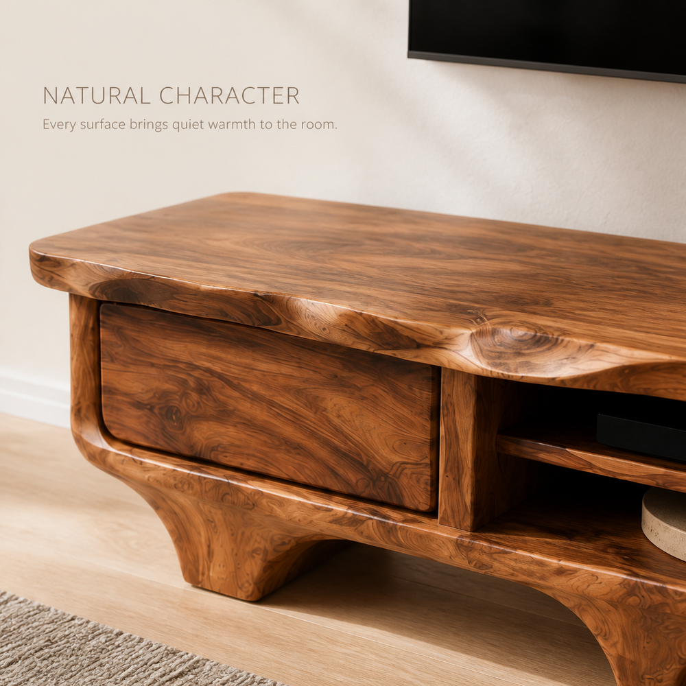 Elowen Sculptural Solid Wood TV Stand - Design 056 - TV stand detail and styling view 04