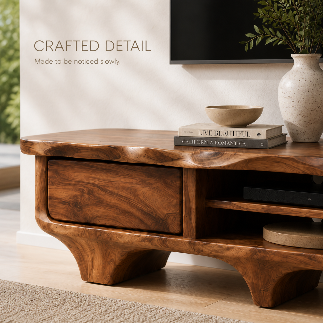 Elowen Sculptural Solid Wood TV Stand - Design 056 - TV stand detail and styling view 05