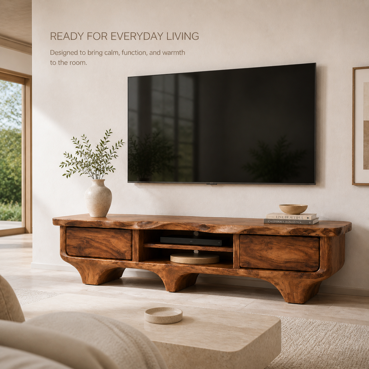 Elowen Sculptural Solid Wood TV Stand - Design 056 - TV stand detail and styling view 06