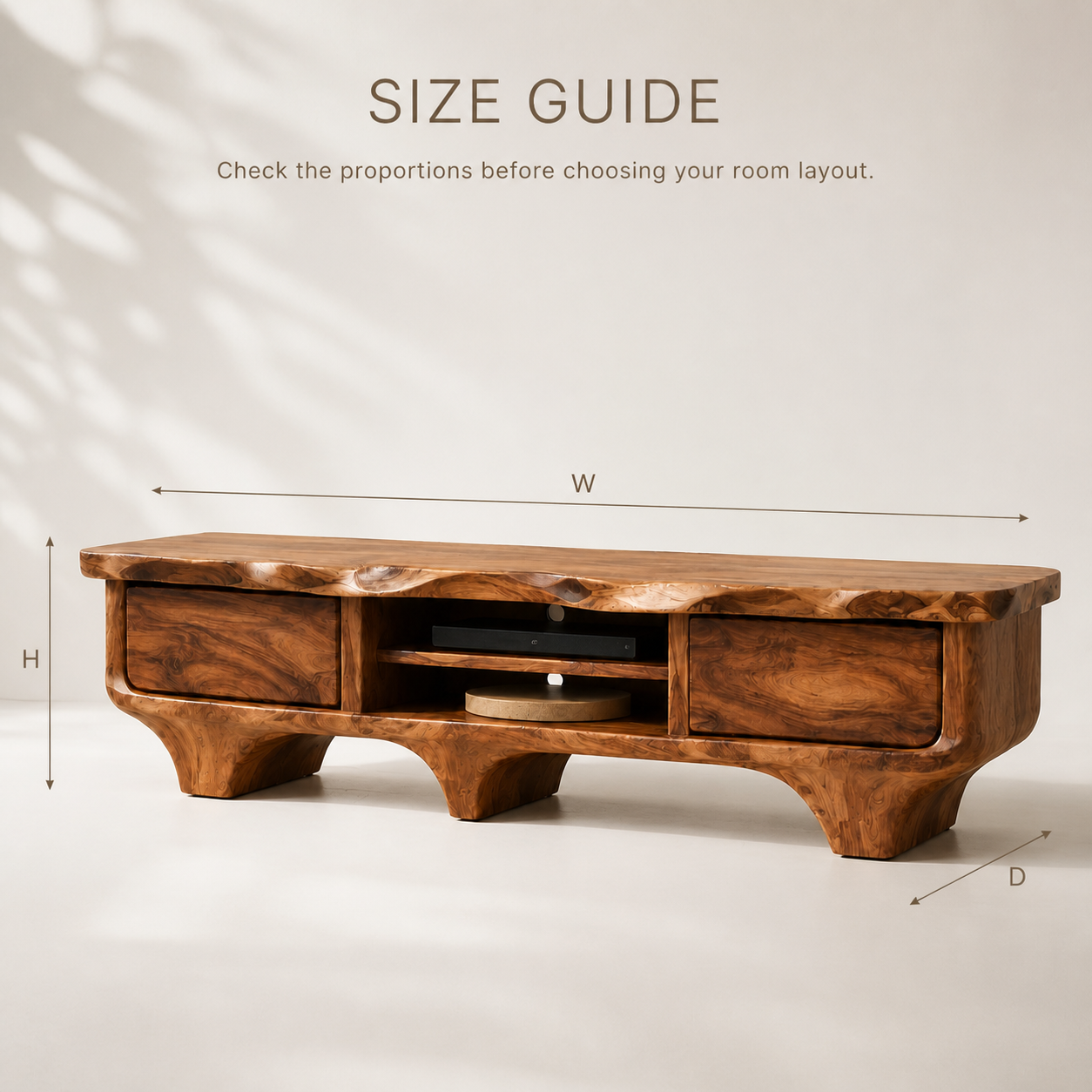 Elowen Sculptural Solid Wood TV Stand - Design 056 - TV stand detail and styling view 07