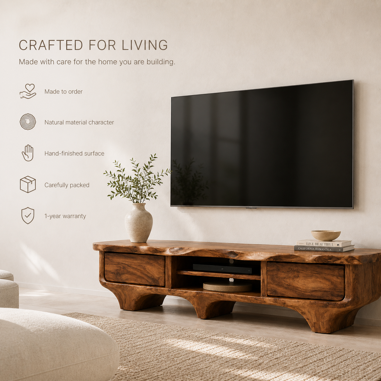 Elowen Sculptural Solid Wood TV Stand - Design 056 - TV stand detail and styling view 08