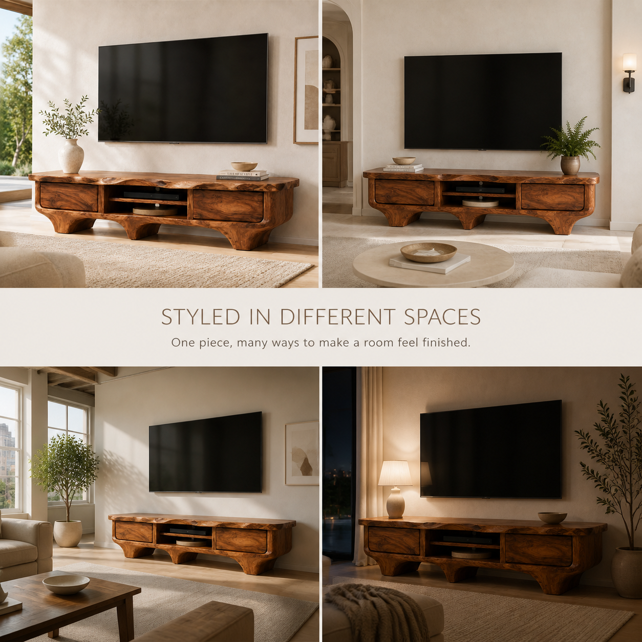 Elowen Sculptural Solid Wood TV Stand - Design 056 - TV stand detail and styling view 09