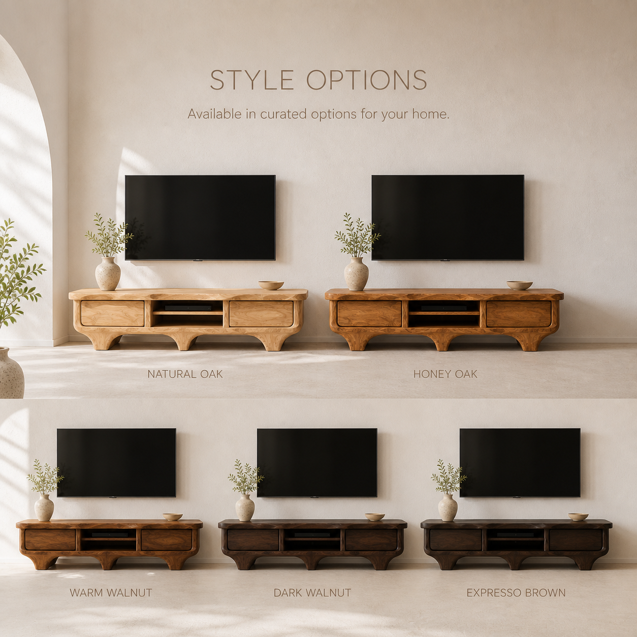 Elowen Sculptural Solid Wood TV Stand - Design 056 - TV stand detail and styling view 10