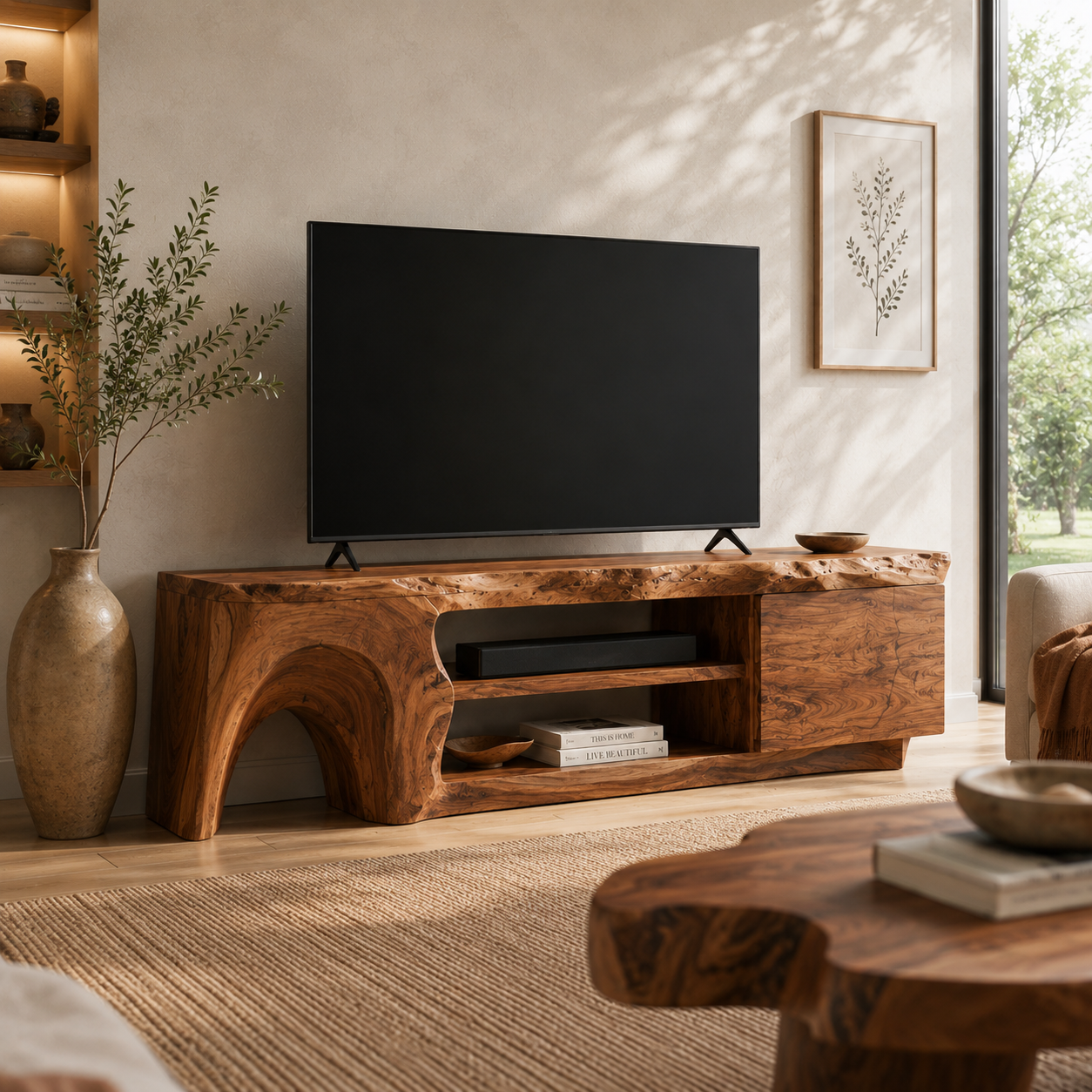 Nola Sculptural Solid Wood TV Stand - Design 057 - premium solid wood TV stand main lifestyle view
