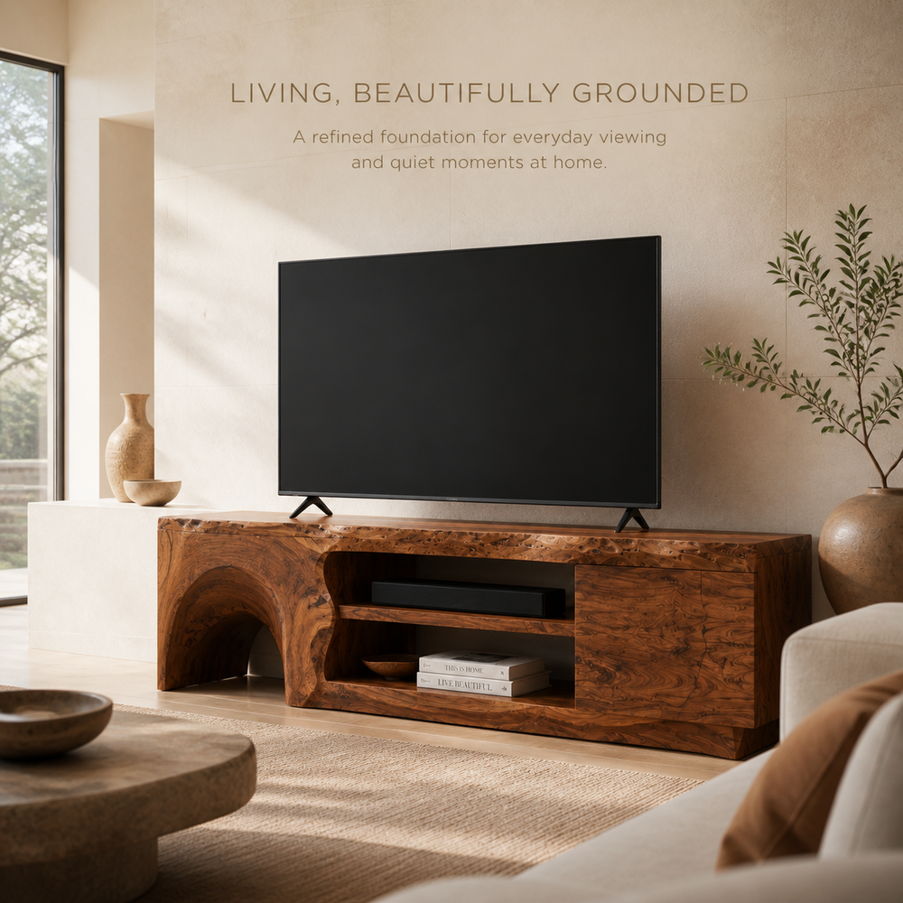 Nola Sculptural Solid Wood TV Stand - Design 057 - TV stand detail and styling view 01