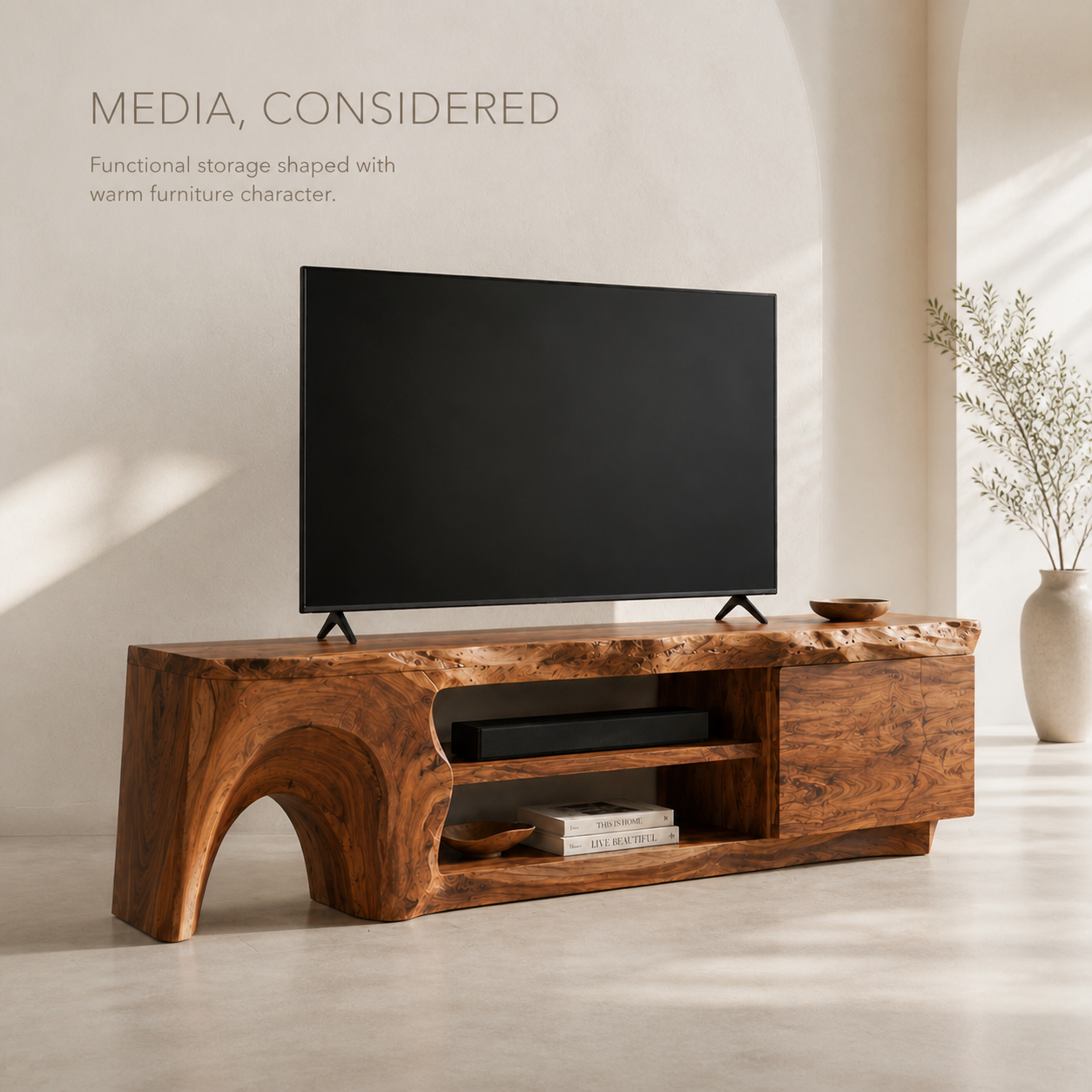 Nola Sculptural Solid Wood TV Stand - Design 057 - TV stand detail and styling view 02