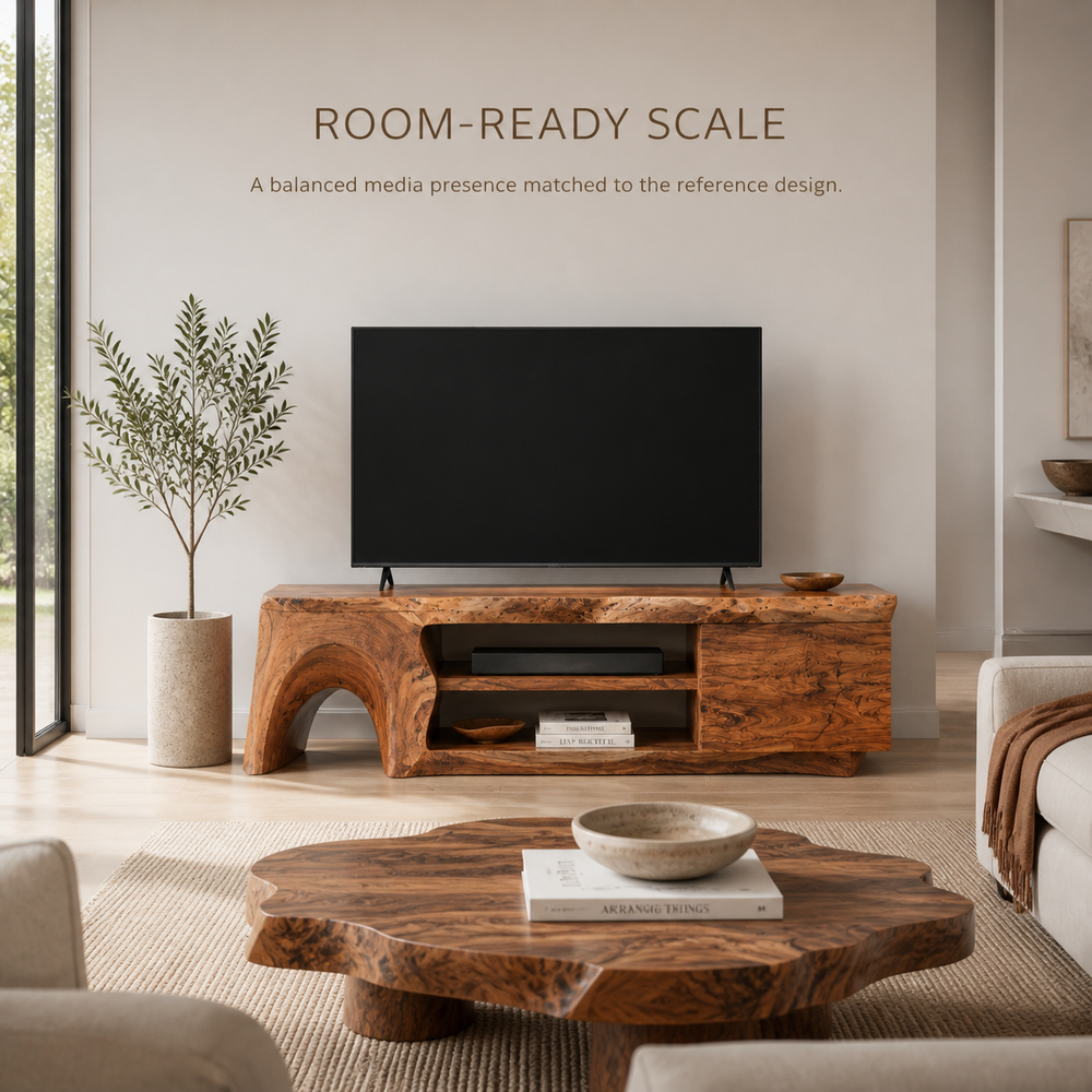 Nola Sculptural Solid Wood TV Stand - Design 057 - TV stand detail and styling view 03