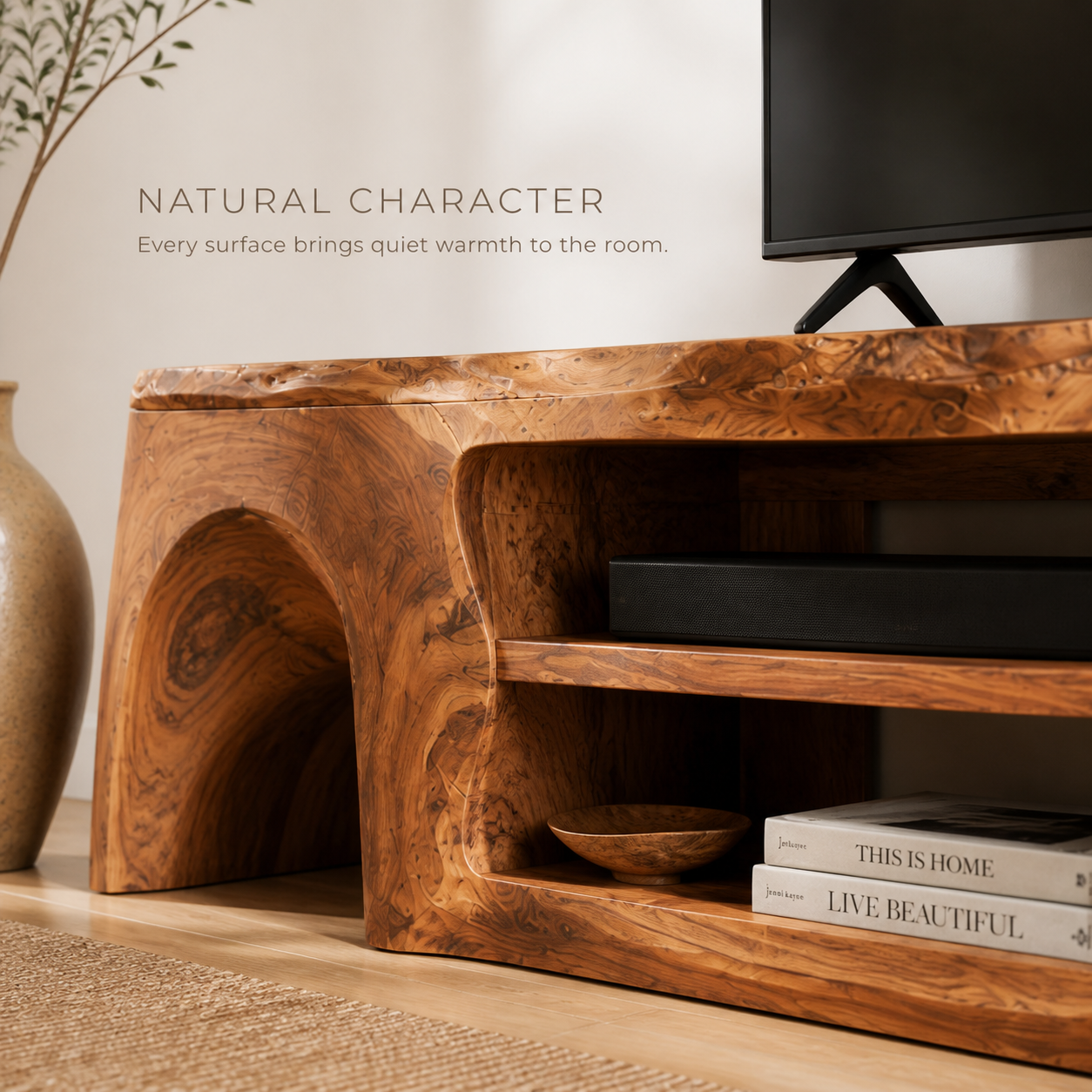Nola Sculptural Solid Wood TV Stand - Design 057 - TV stand detail and styling view 04