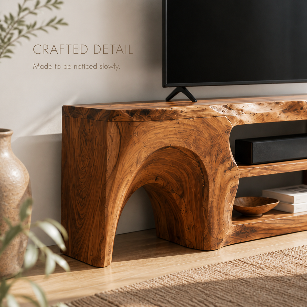 Nola Sculptural Solid Wood TV Stand - Design 057 - TV stand detail and styling view 05
