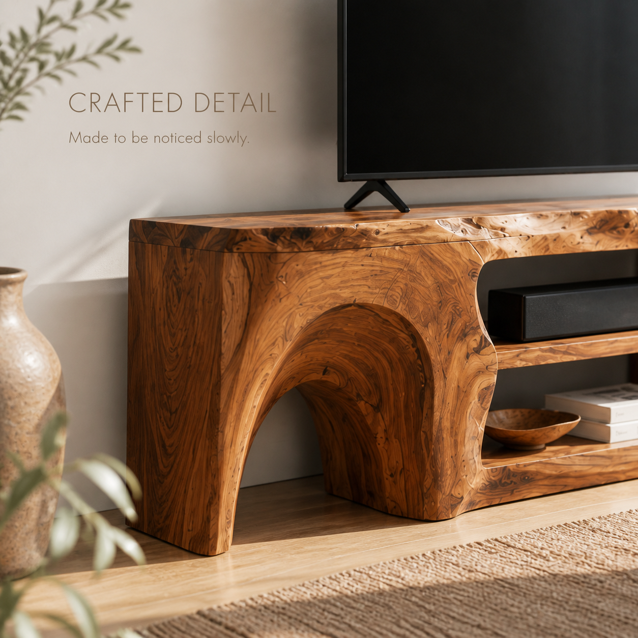 Nola Sculptural Solid Wood TV Stand - Design 057 - TV stand detail and styling view 05