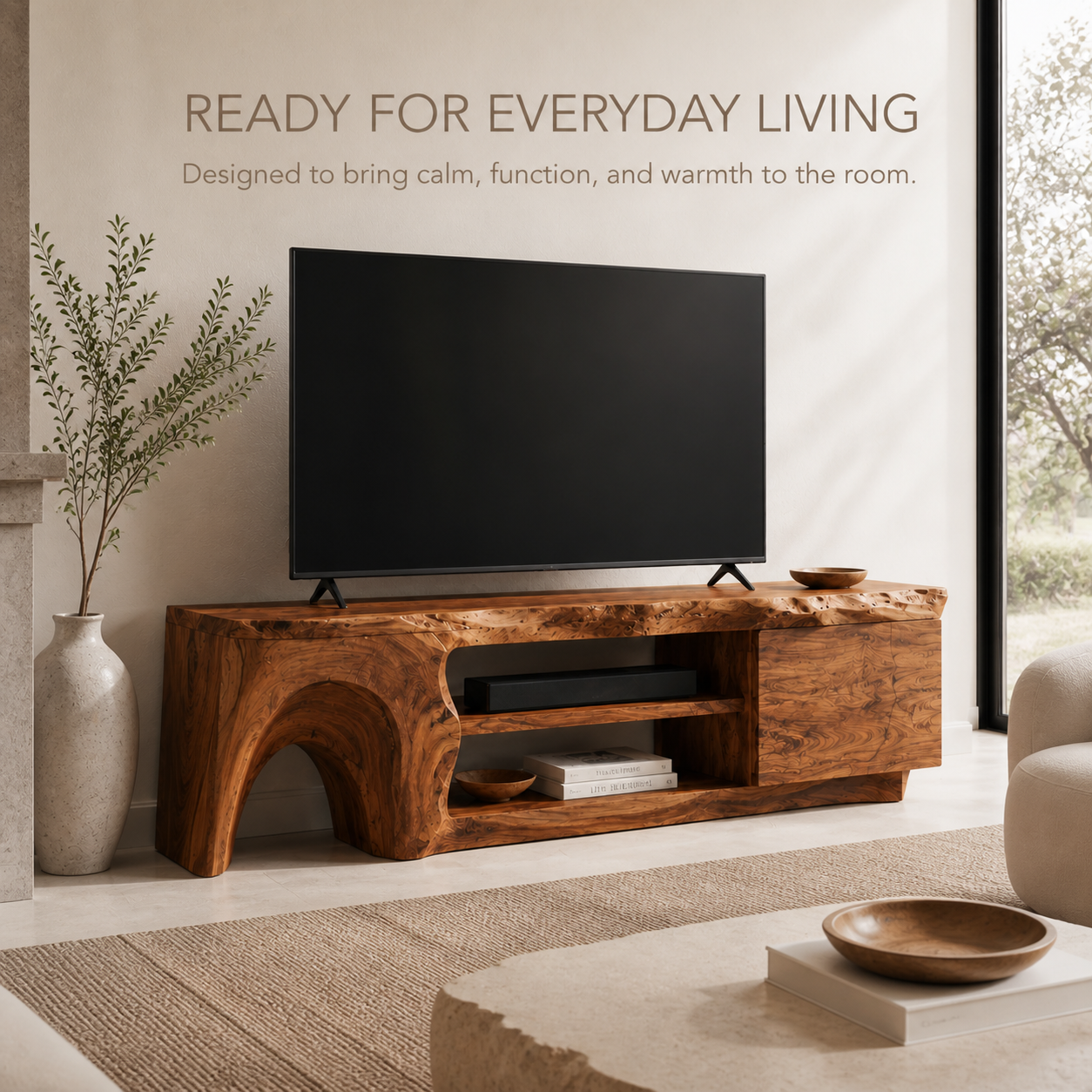 Nola Sculptural Solid Wood TV Stand - Design 057 - TV stand detail and styling view 06