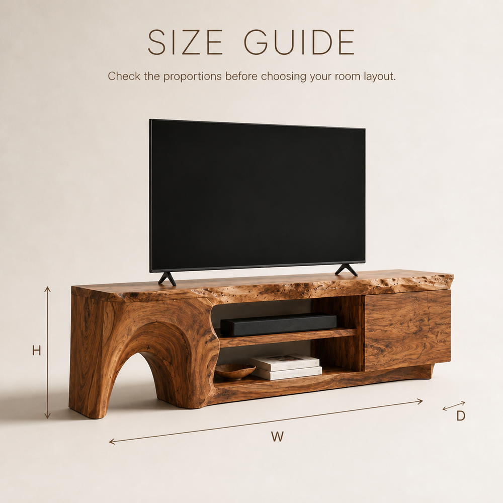 Nola Sculptural Solid Wood TV Stand - Design 057 - TV stand detail and styling view 07