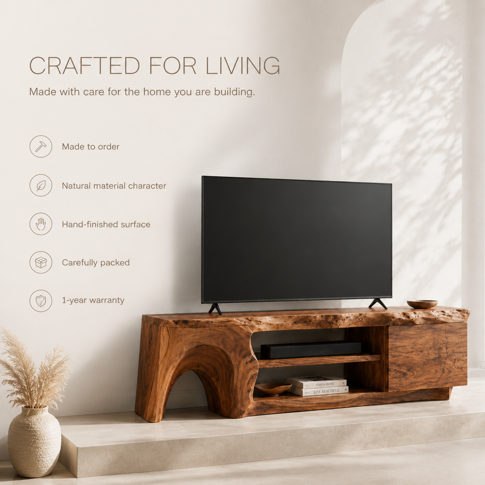 Nola Sculptural Solid Wood TV Stand - Design 057 - TV stand detail and styling view 08