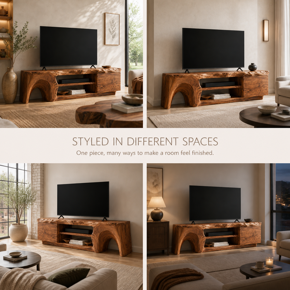 Nola Sculptural Solid Wood TV Stand - Design 057 - TV stand detail and styling view 09