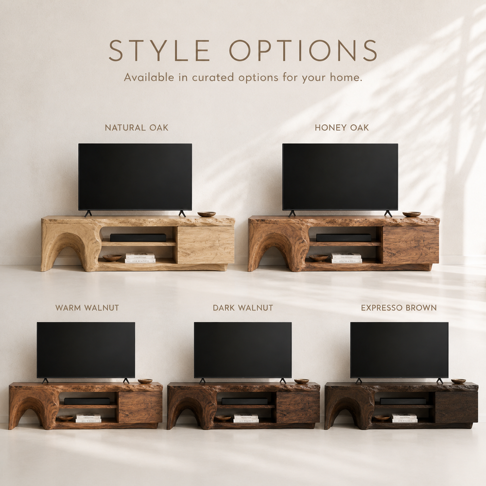 Nola Sculptural Solid Wood TV Stand - Design 057 - TV stand detail and styling view 10