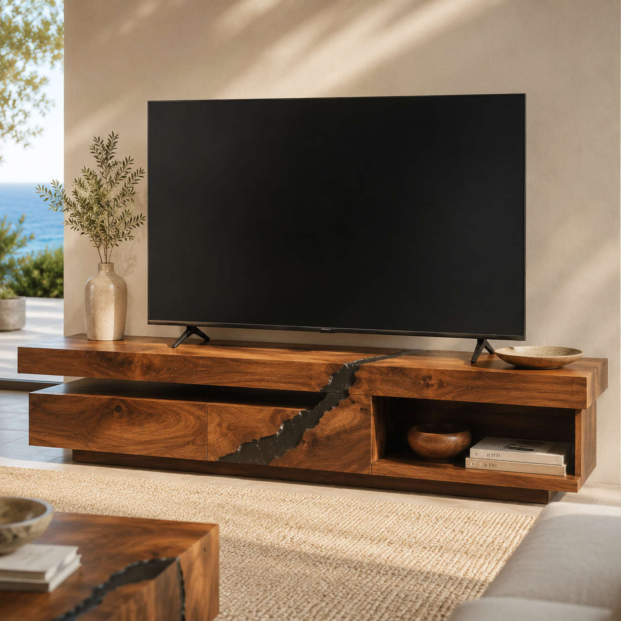 Tavian Sculptural Solid Wood TV Stand - Design 058 - premium solid wood TV stand main lifestyle view