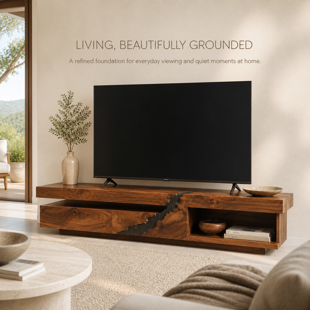 Tavian Sculptural Solid Wood TV Stand - Design 058 - TV stand detail and styling view 01