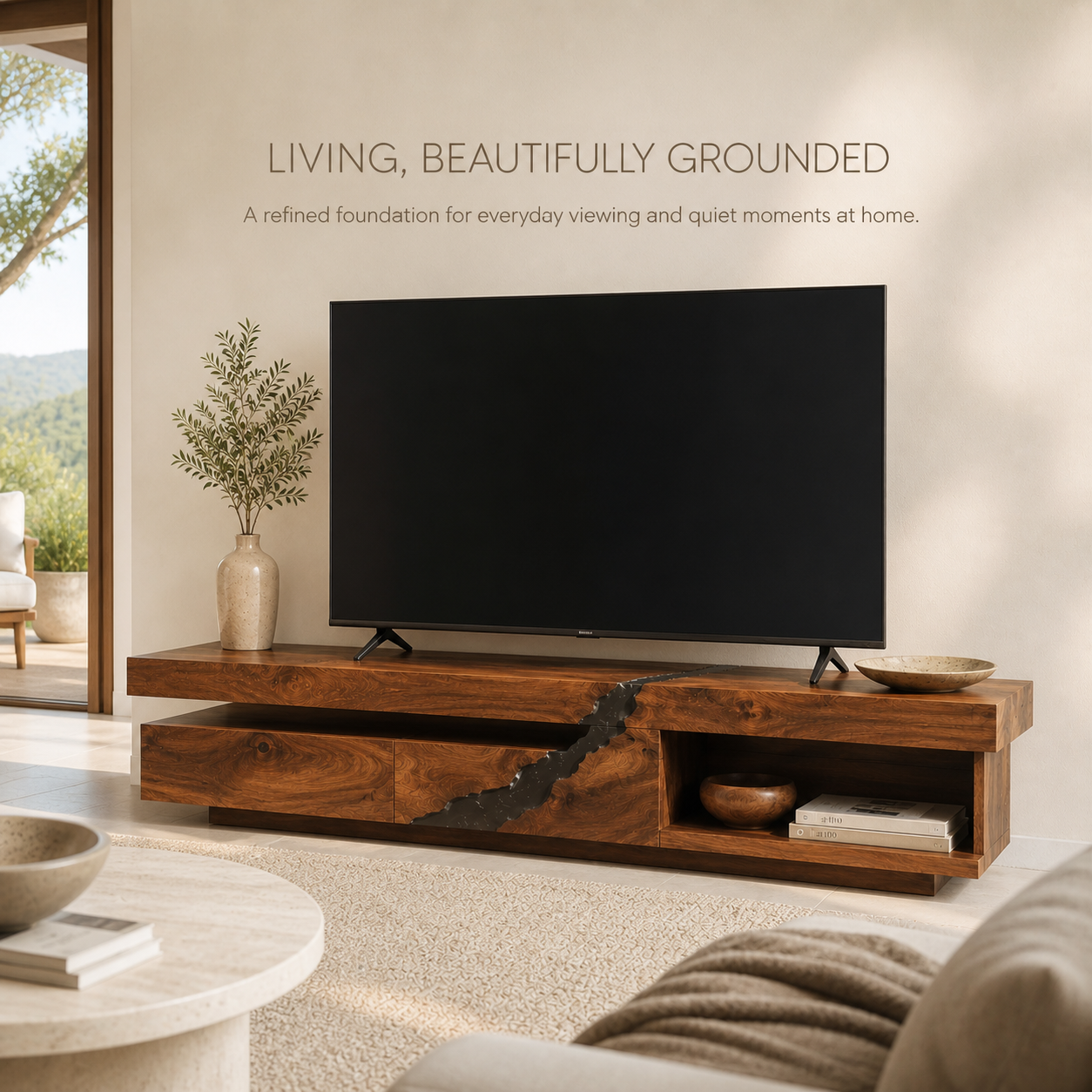 Tavian Sculptural Solid Wood TV Stand - Design 058 - TV stand detail and styling view 01