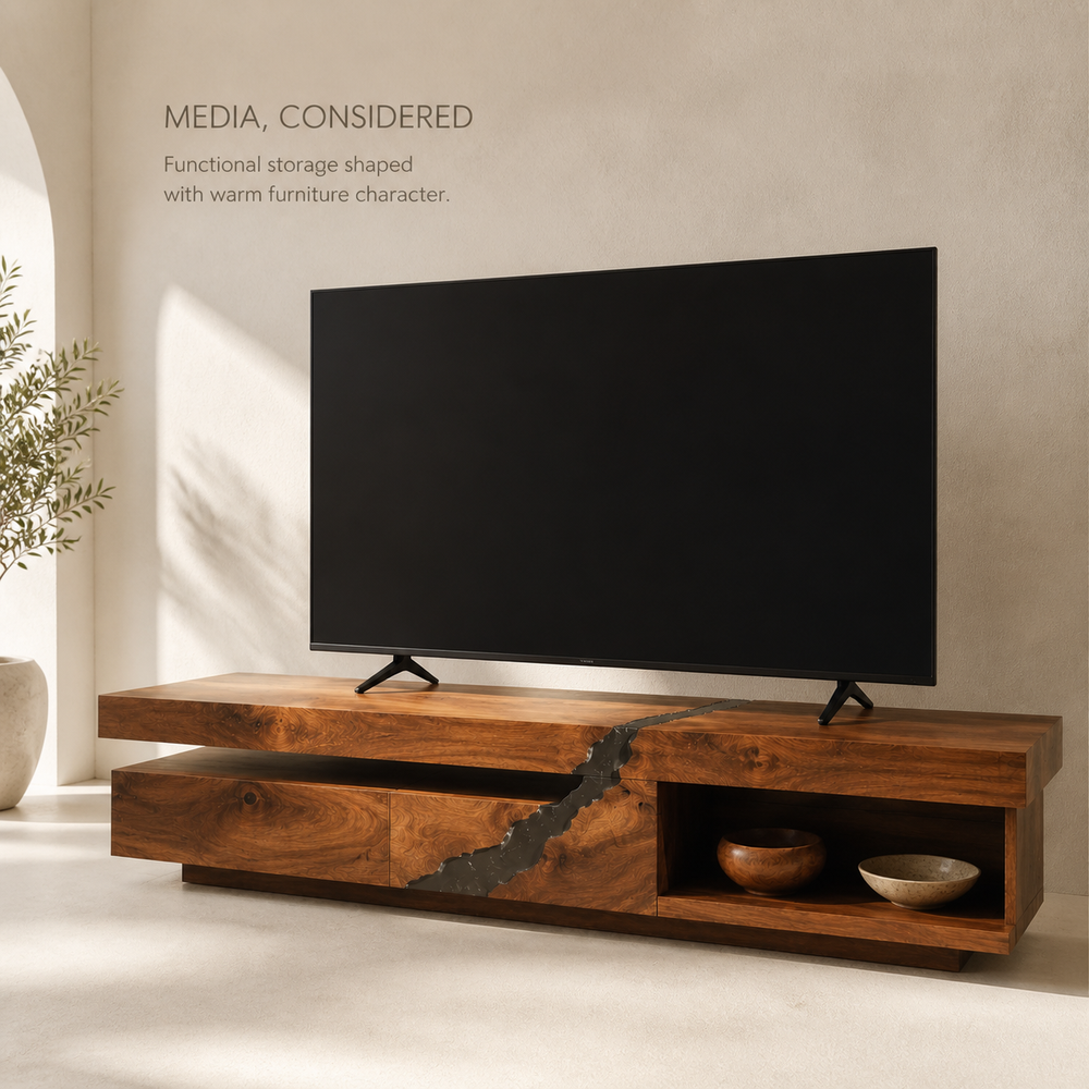 Tavian Sculptural Solid Wood TV Stand - Design 058 - TV stand detail and styling view 02
