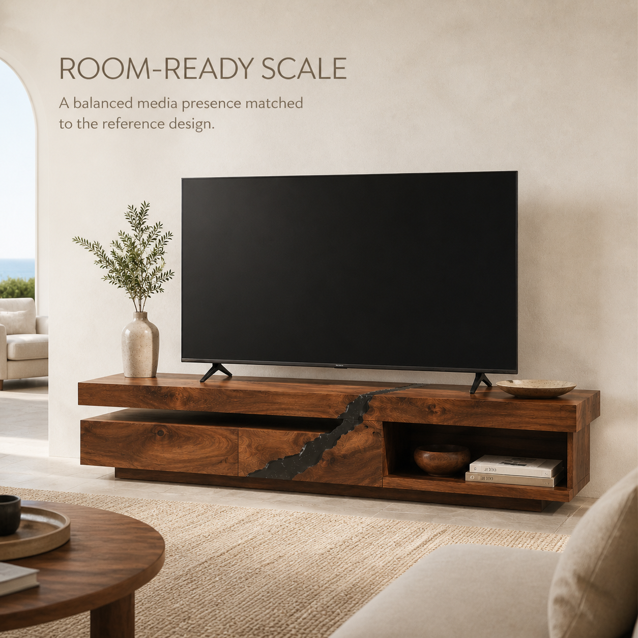 Tavian Sculptural Solid Wood TV Stand - Design 058 - TV stand detail and styling view 03