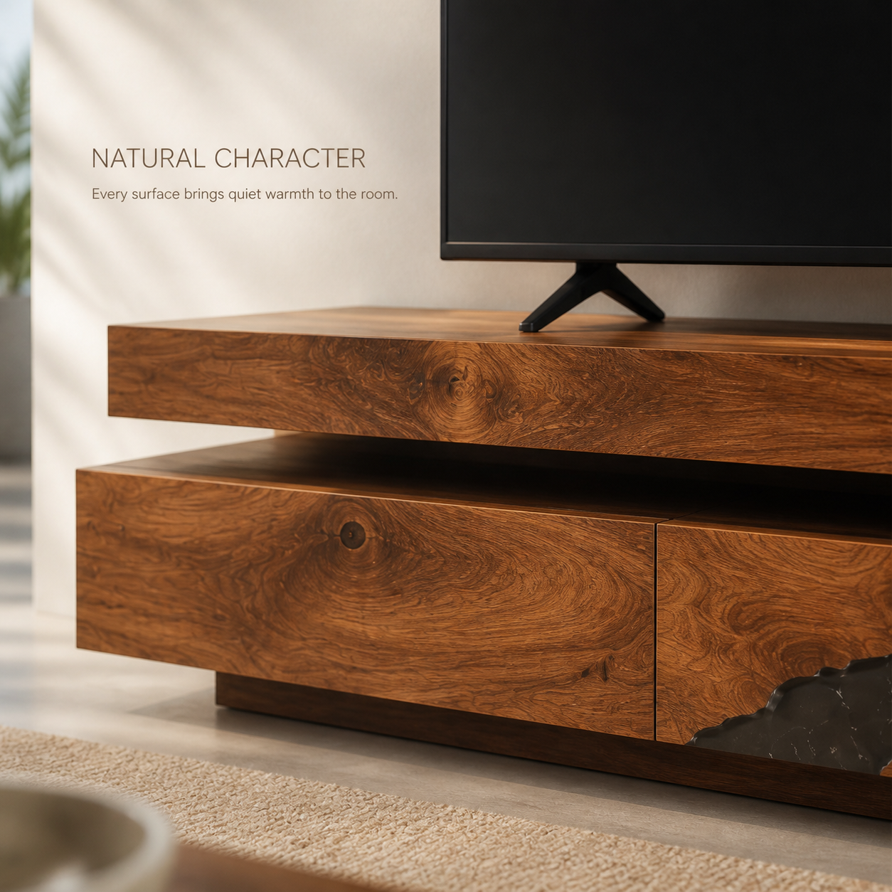 Tavian Sculptural Solid Wood TV Stand - Design 058 - TV stand detail and styling view 04