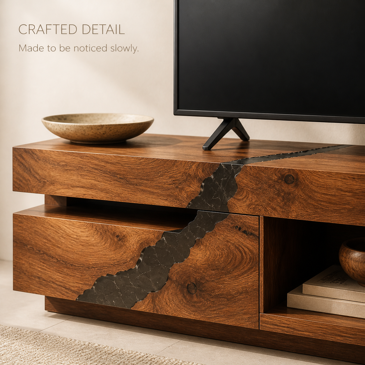 Tavian Sculptural Solid Wood TV Stand - Design 058 - TV stand detail and styling view 05