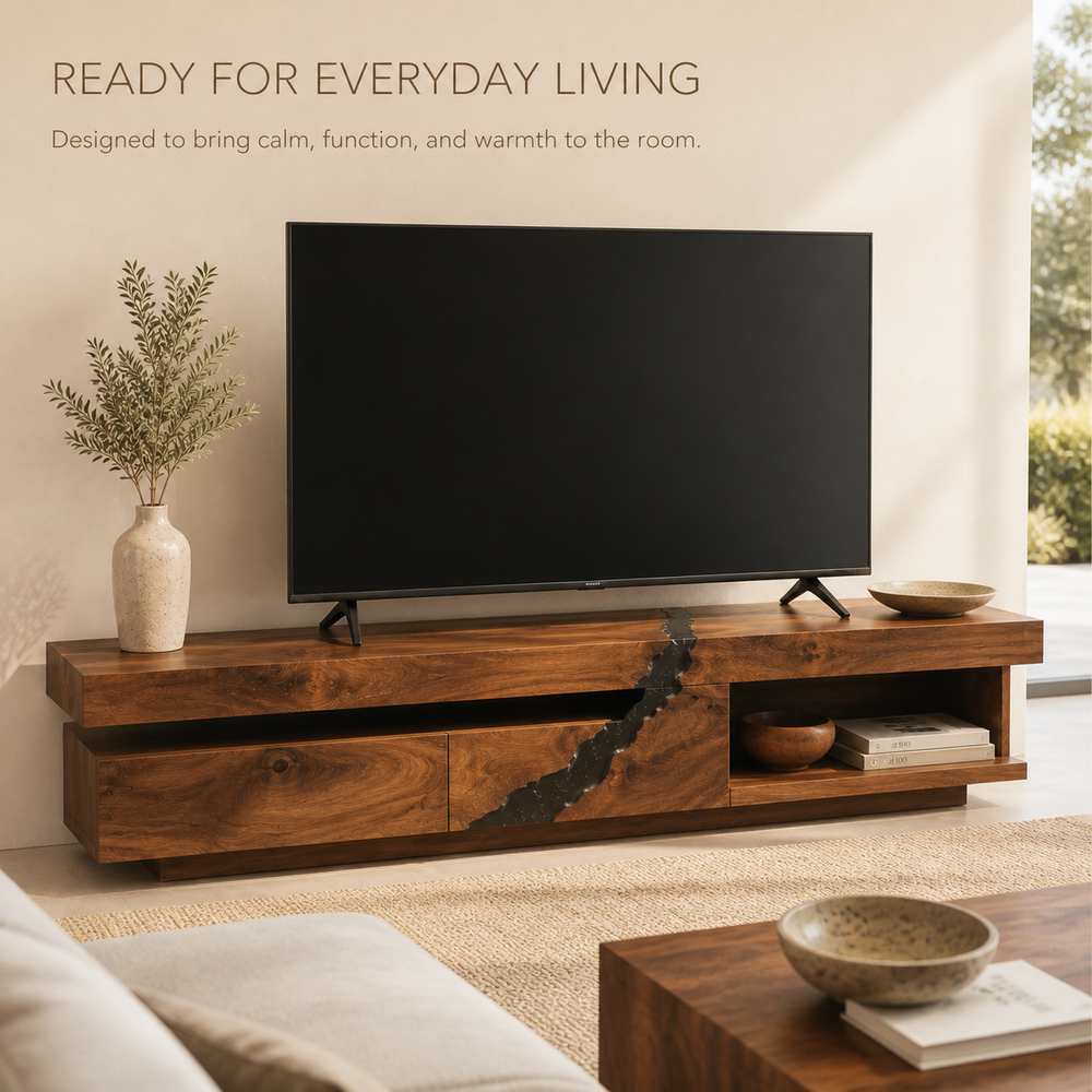 Tavian Sculptural Solid Wood TV Stand - Design 058 - TV stand detail and styling view 06