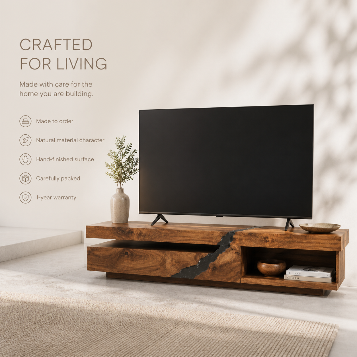 Tavian Sculptural Solid Wood TV Stand - Design 058 - TV stand detail and styling view 08