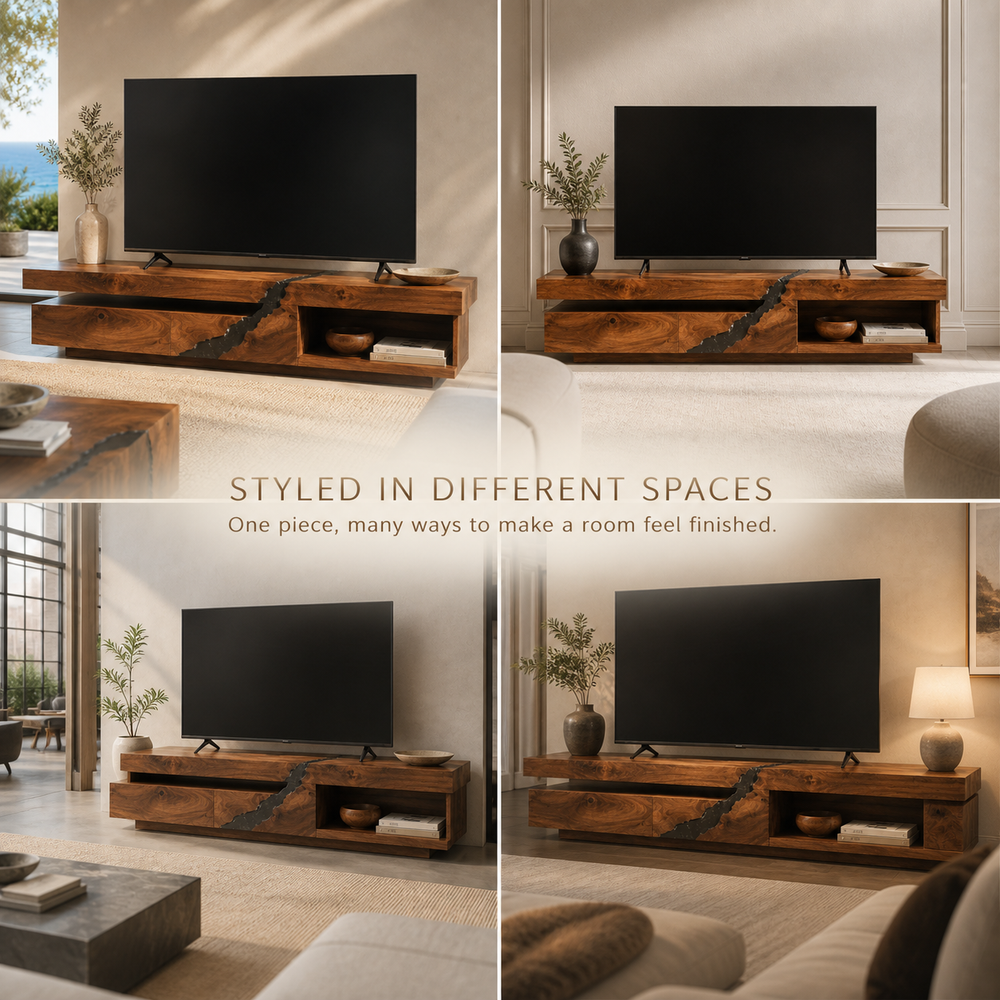 Tavian Sculptural Solid Wood TV Stand - Design 058 - TV stand detail and styling view 09