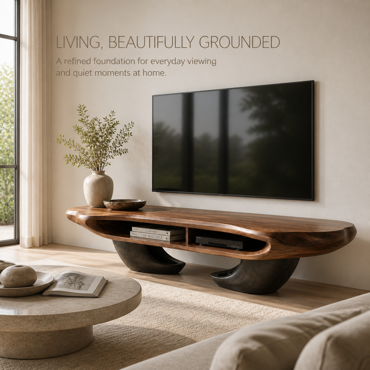 Sable Sculptural Solid Wood TV Stand - Design 059 - TV stand detail and styling view 01