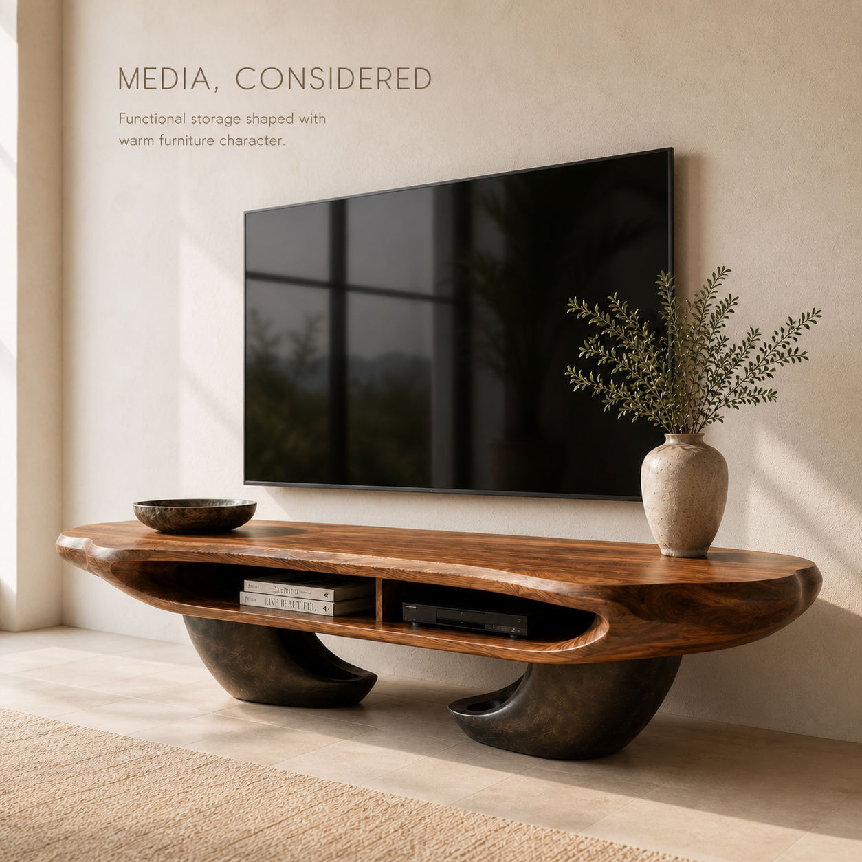 Sable Sculptural Solid Wood TV Stand - Design 059 - TV stand detail and styling view 02