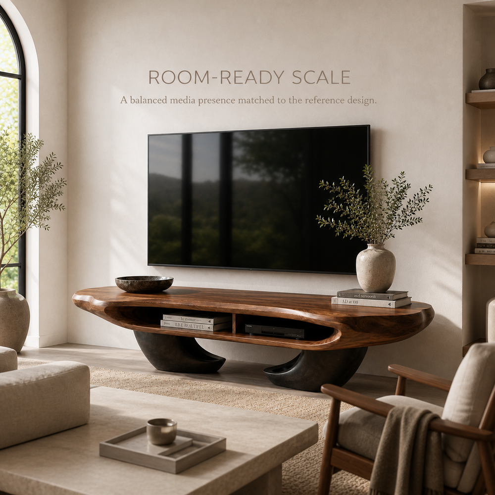 Sable Sculptural Solid Wood TV Stand - Design 059 - TV stand detail and styling view 03