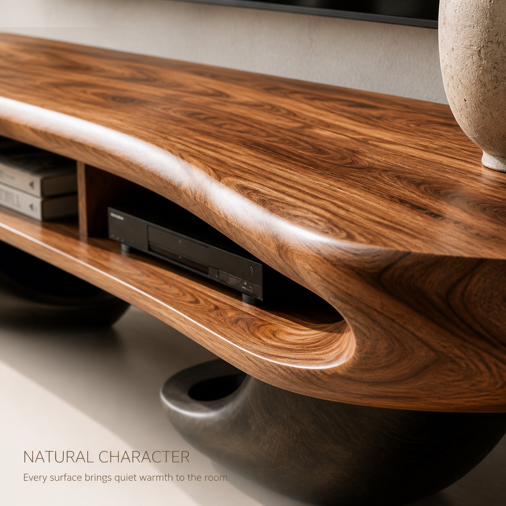 Sable Sculptural Solid Wood TV Stand - Design 059 - TV stand detail and styling view 04