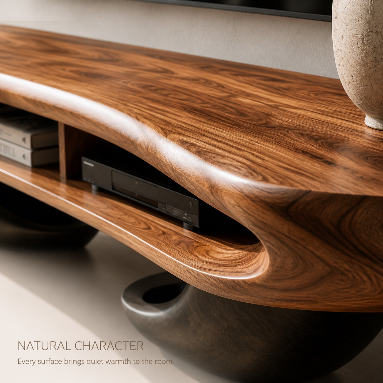 Sable Sculptural Solid Wood TV Stand - Design 059 - TV stand detail and styling view 04