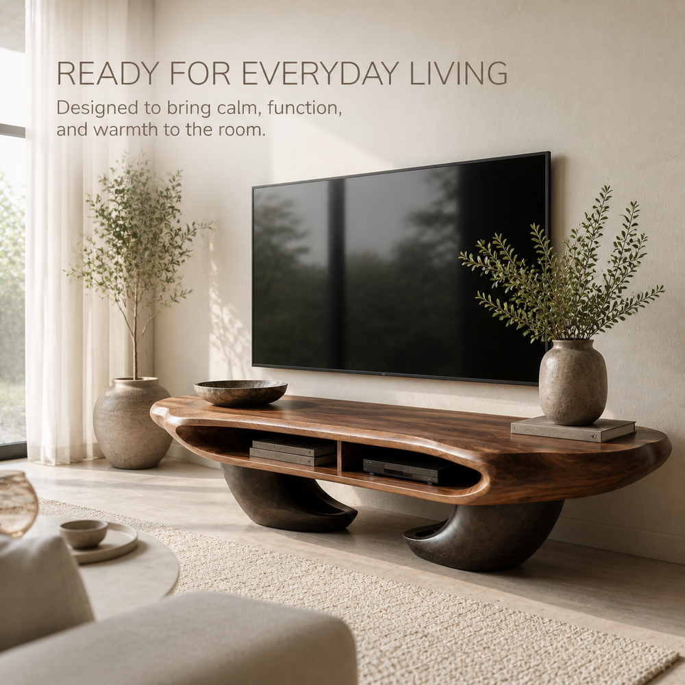 Sable Sculptural Solid Wood TV Stand - Design 059 - TV stand detail and styling view 06