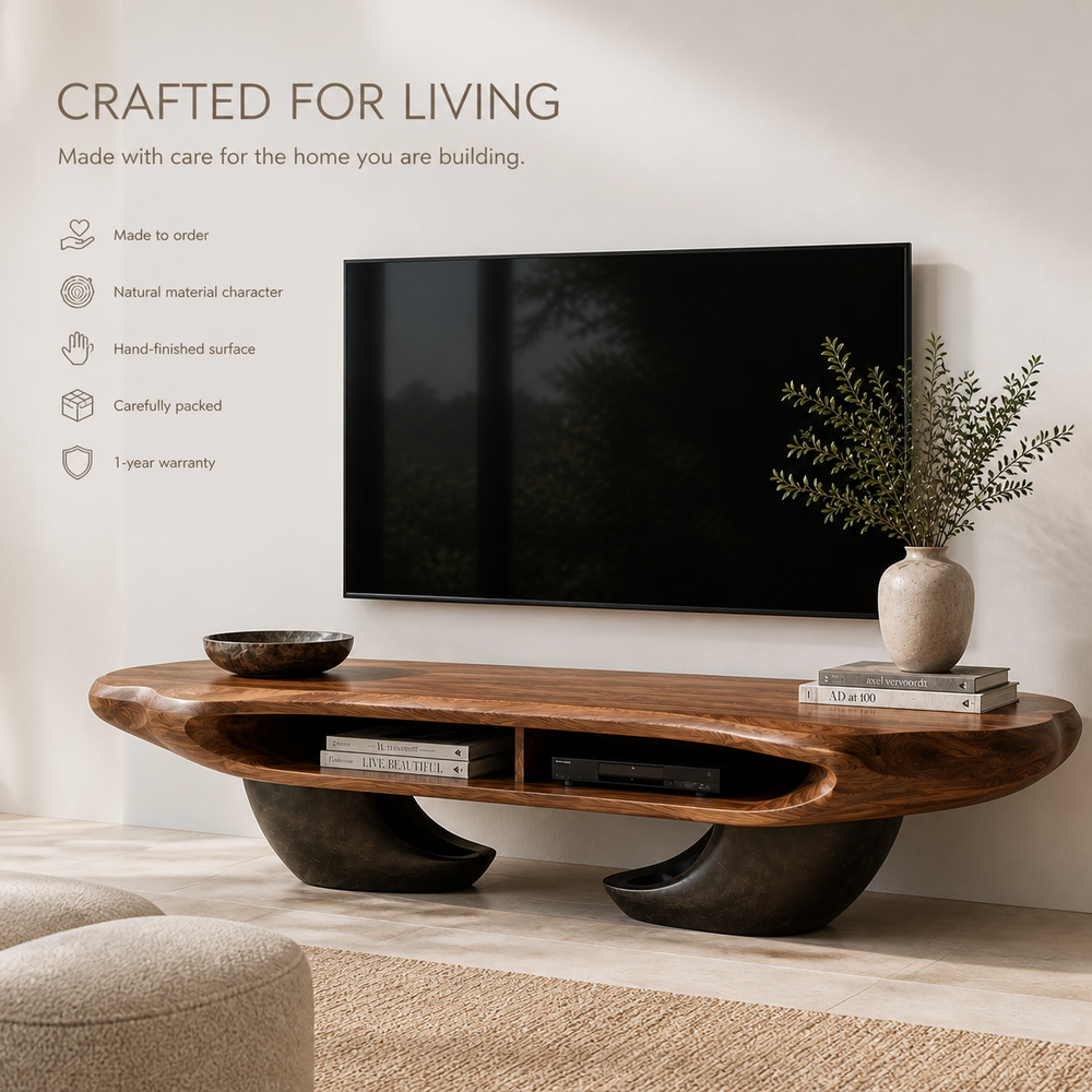 Sable Sculptural Solid Wood TV Stand - Design 059 - TV stand detail and styling view 08