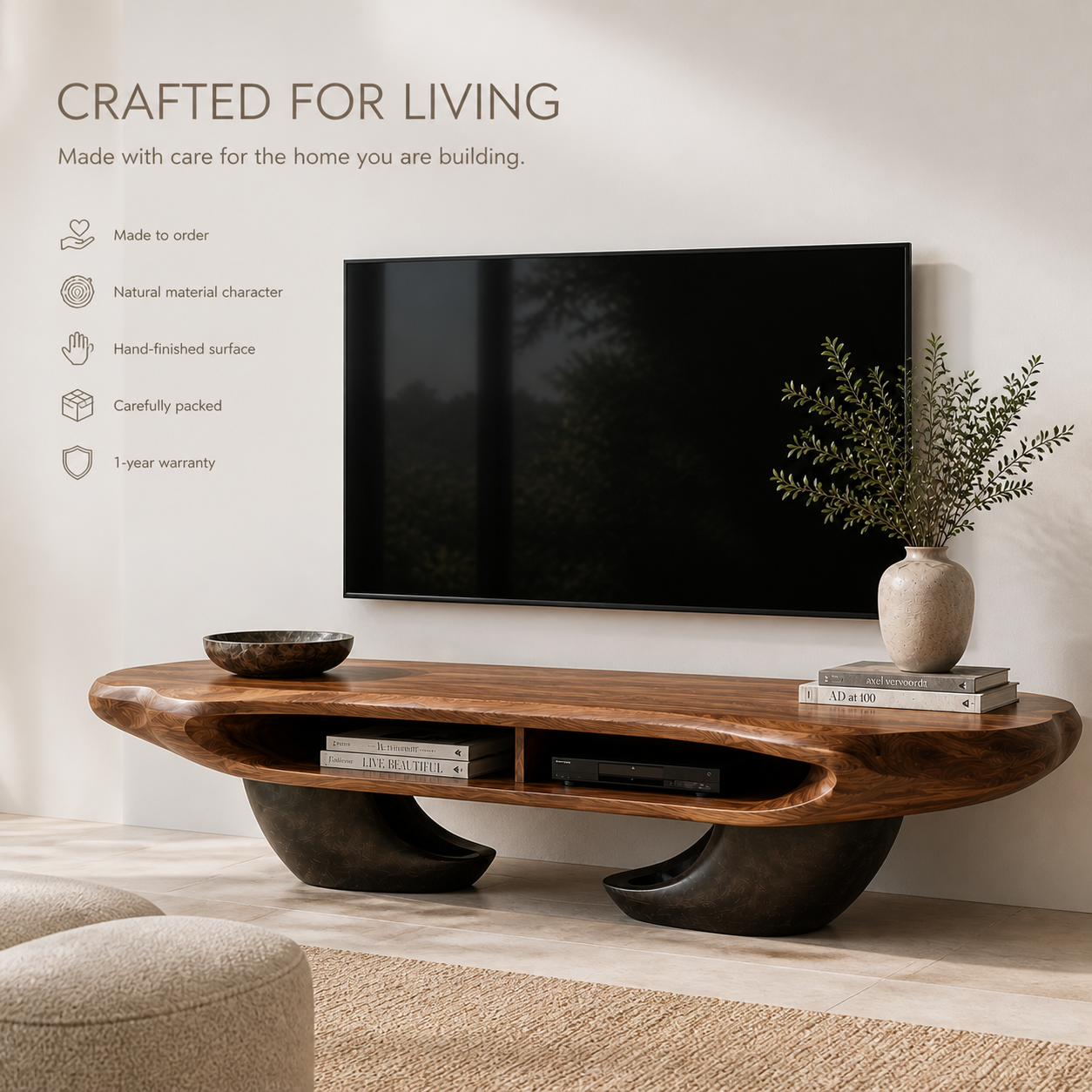 Sable Sculptural Solid Wood TV Stand - Design 059 - TV stand detail and styling view 08