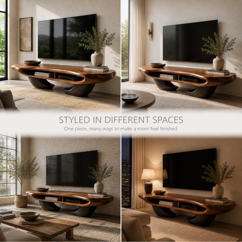 Sable Sculptural Solid Wood TV Stand - Design 059 - TV stand detail and styling view 09