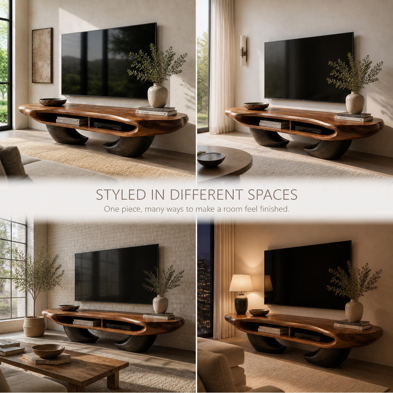 Sable Sculptural Solid Wood TV Stand - Design 059 - TV stand detail and styling view 09