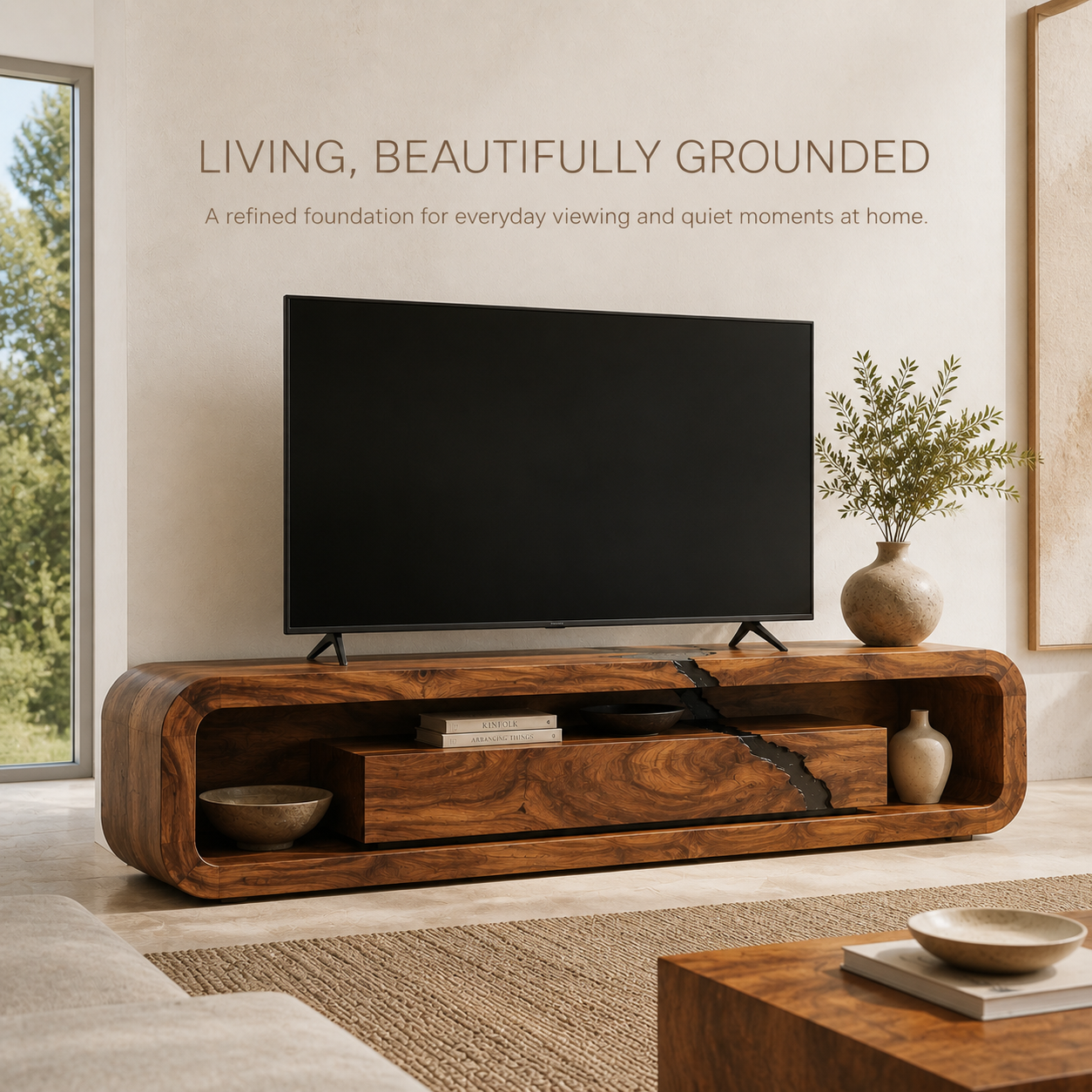 Aurelia Sculptural Solid Wood TV Stand - Design 060 - TV stand detail and styling view 01